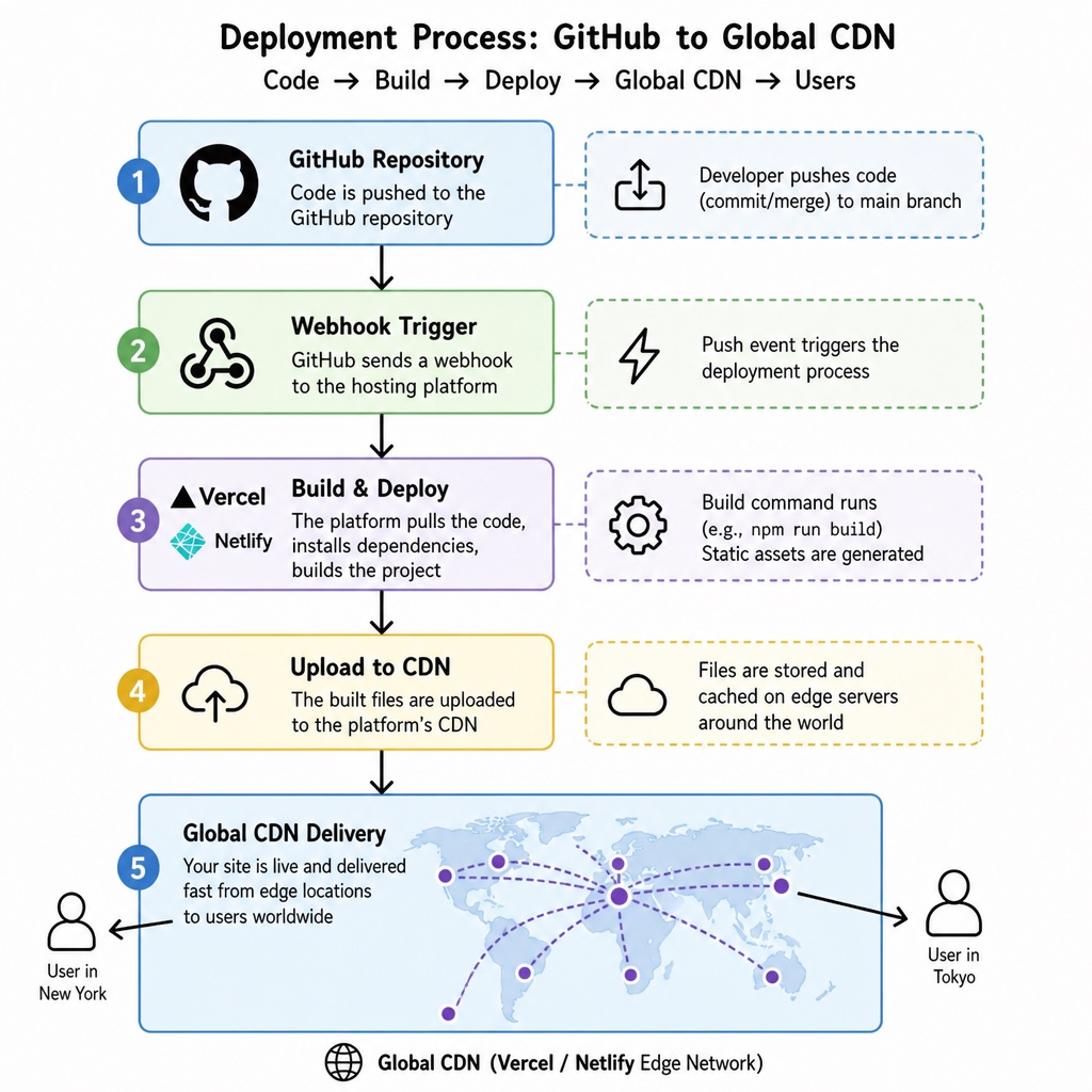 Flow chart showing deployment from GitHub to a global CDN